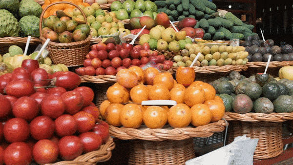 Tropical fruits in baskets