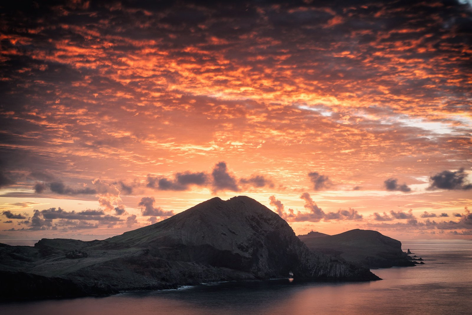 Red planet sky, sunrise, ocean and mountains